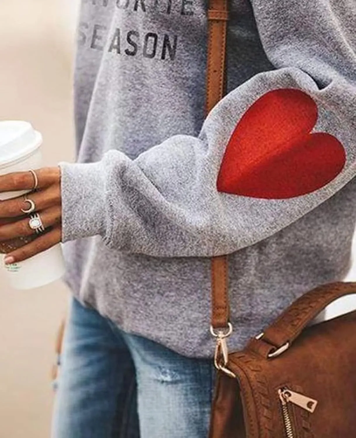 Women Letter Print Sweatshirt Long Sleeve Cute Heart Elbow Patch Pullover Tops