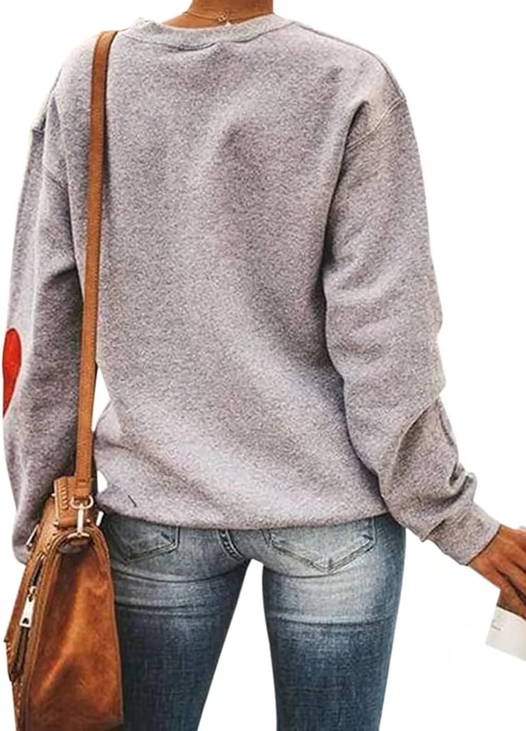 Women Letter Print Sweatshirt Long Sleeve Cute Heart Elbow Patch Pullover Tops