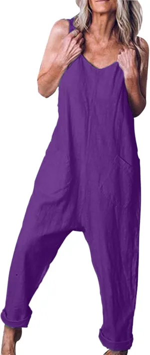 Women Summer Sleeveless Cotton Linen Overalls Plus Size Casual Wide Leg Rompers V Neck Baggy Jumpsuits with Pockets