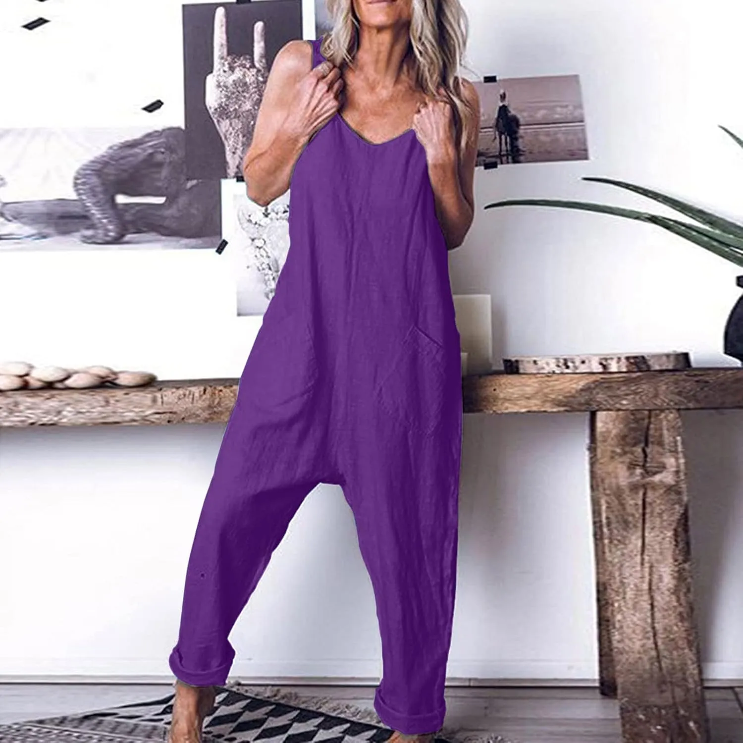 Women Summer Sleeveless Cotton Linen Overalls Plus Size Casual Wide Leg Rompers V Neck Baggy Jumpsuits with Pockets