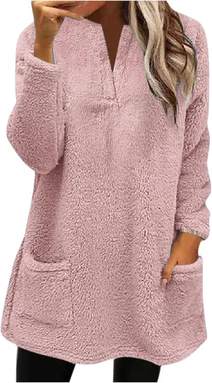 Womens 2024 Fashion Winter Fleece Warm Sweater V Neck Solid Color Long Sleeve Pullover With Pocket Casual Loose Tops