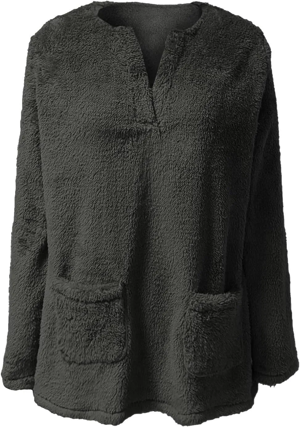 Womens 2024 Fashion Winter Fleece Warm Sweater V Neck Solid Color Long Sleeve Pullover With Pocket Casual Loose Tops