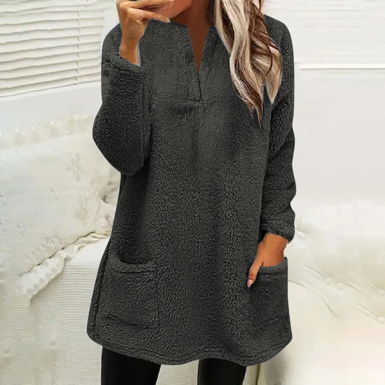 Womens 2024 Fashion Winter Fleece Warm Sweater V Neck Solid Color Long Sleeve Pullover With Pocket Casual Loose Tops