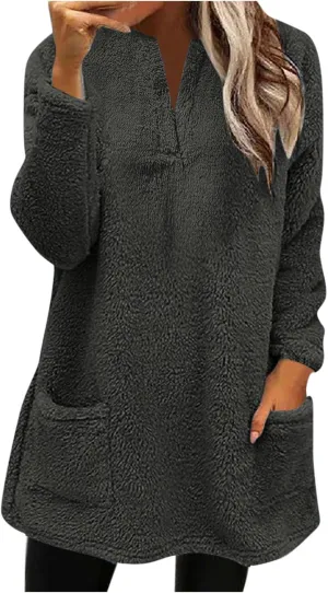 Womens 2024 Fashion Winter Fleece Warm Sweater V Neck Solid Color Long Sleeve Pullover With Pocket Casual Loose Tops
