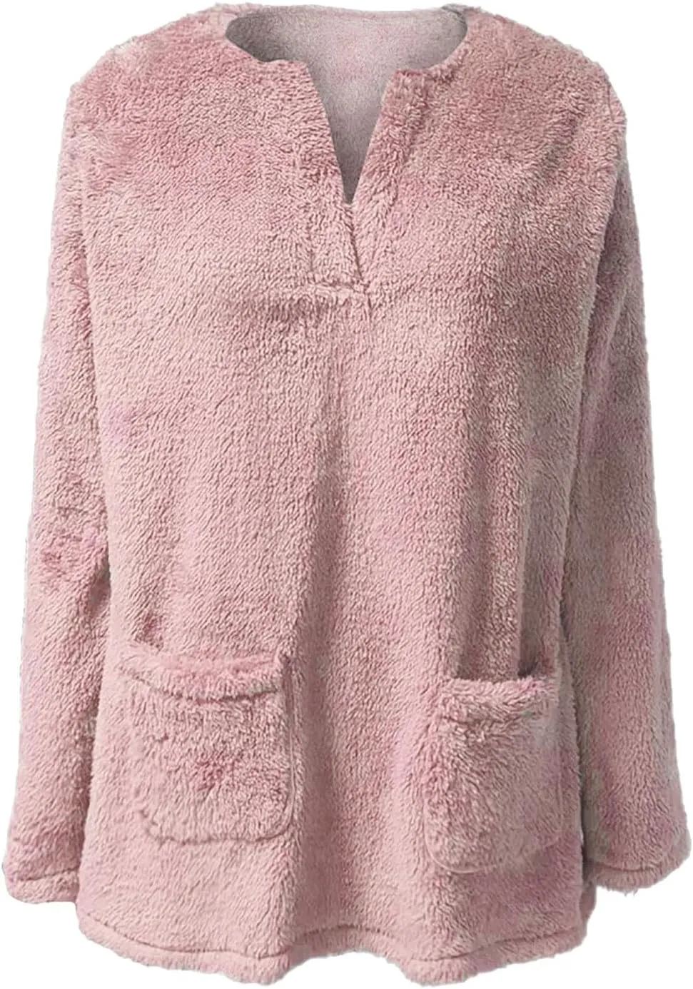 Womens 2024 Fashion Winter Fleece Warm Sweater V Neck Solid Color Long Sleeve Pullover With Pocket Casual Loose Tops