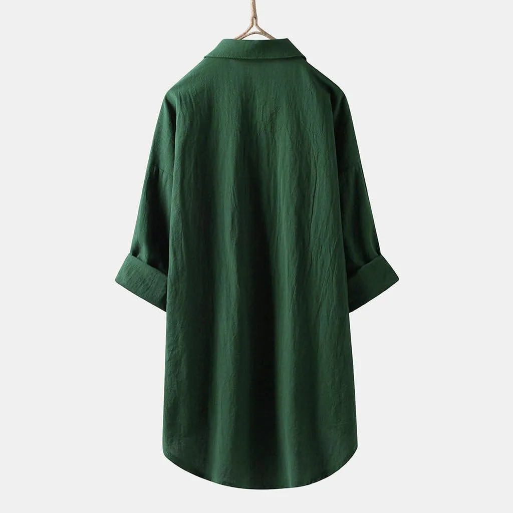 Womens Collared Button Down Shirt Plain Long Sleeve Linen Summer Casual Beach Blouse Top Loose Tee Shirts