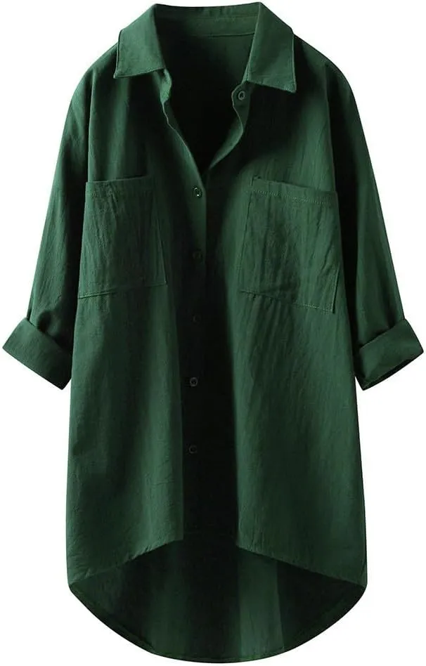 Womens Collared Button Down Shirt Plain Long Sleeve Linen Summer Casual Beach Blouse Top Loose Tee Shirts