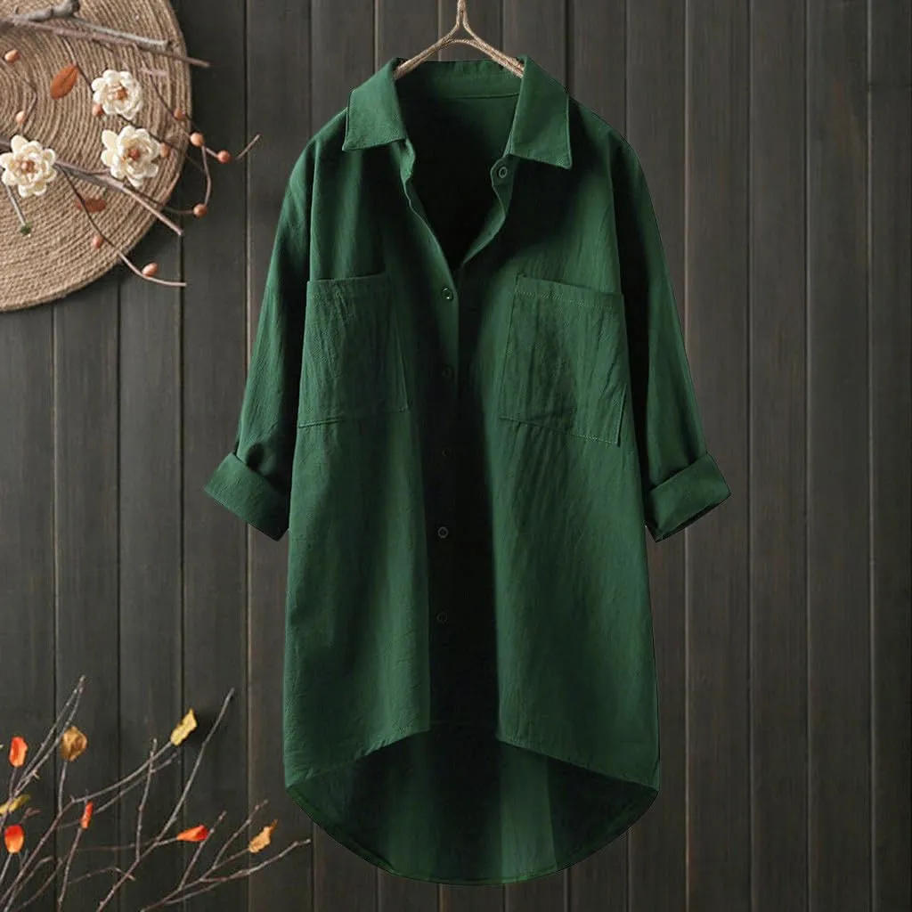 Womens Collared Button Down Shirt Plain Long Sleeve Linen Summer Casual Beach Blouse Top Loose Tee Shirts