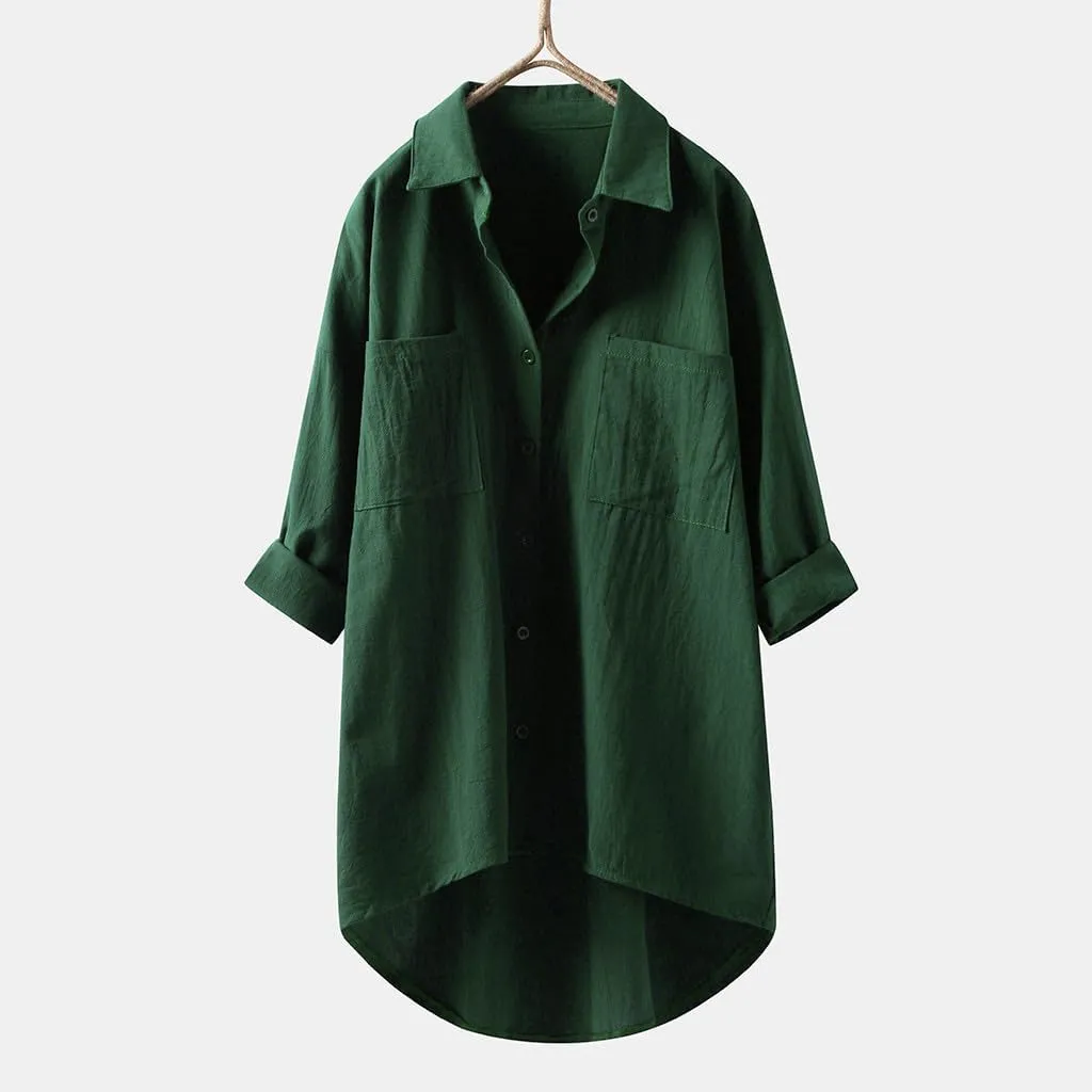 Womens Collared Button Down Shirt Plain Long Sleeve Linen Summer Casual Beach Blouse Top Loose Tee Shirts