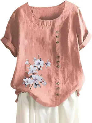 Womens Cotton Linen Shirts Blouses Casual Spring Summer Loose Scoop Neck Button Up Short Sleeve Dandelion Tunic Tops