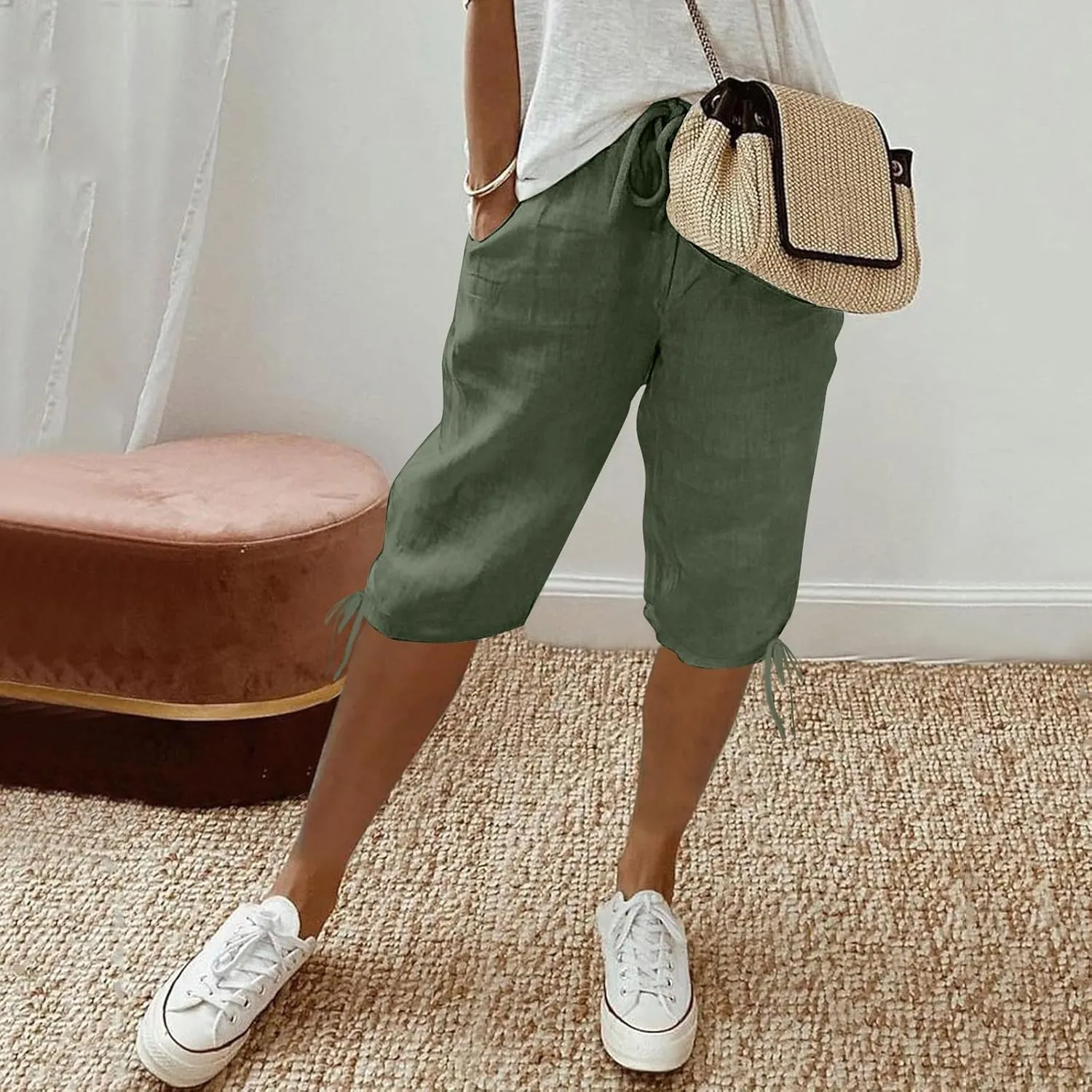 Women's Cotton Linen Summer Palazzo Pants Loose Cotton and Linen Pants Summer Drawstring Waist Wide Leg Pants