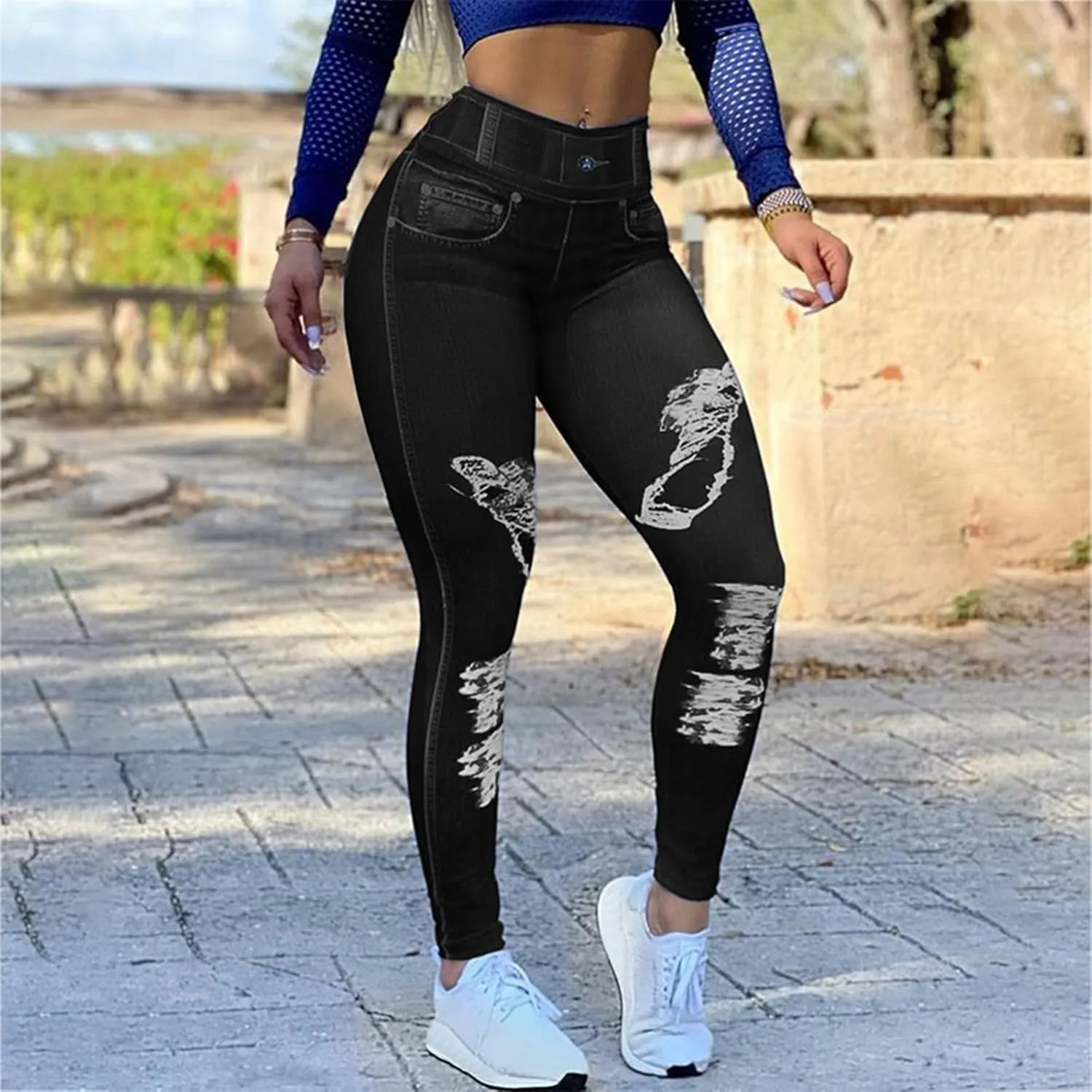 Women's Denim Print Fake Jeans Seamless Full Length Leggings Yoga Pants High Waist Skinny Jeggings for All Seasons