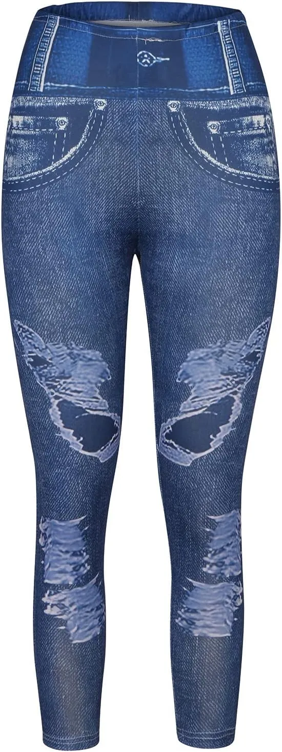 Women's Denim Print Fake Jeans Seamless Full Length Leggings Yoga Pants High Waist Skinny Jeggings for All Seasons
