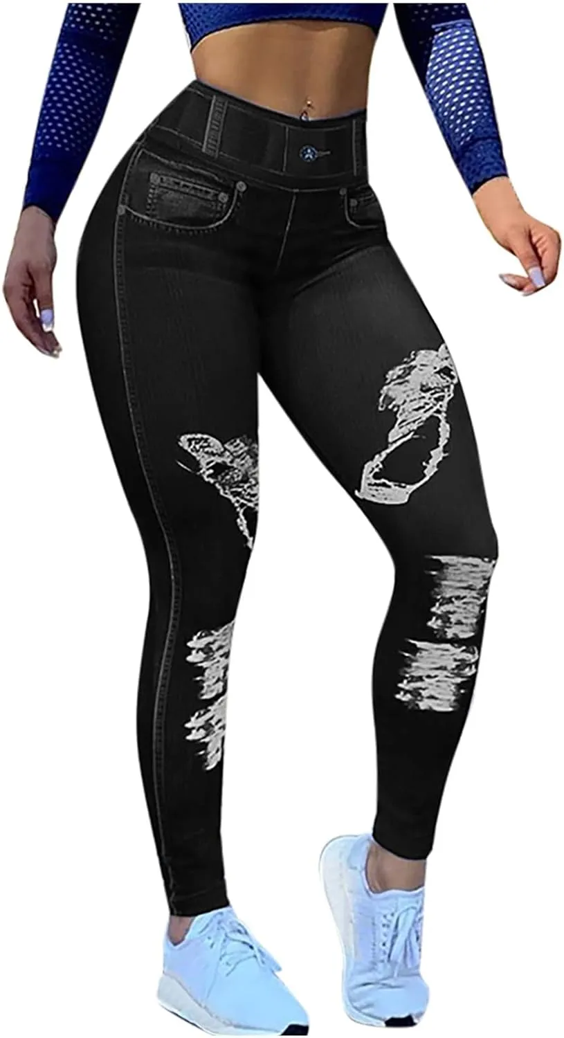 Women's Denim Print Fake Jeans Seamless Full Length Leggings Yoga Pants High Waist Skinny Jeggings for All Seasons