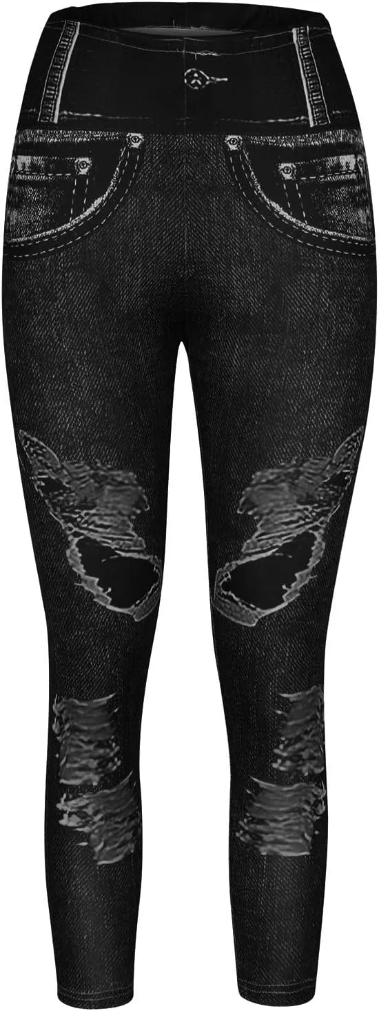 Women's Denim Print Fake Jeans Seamless Full Length Leggings Yoga Pants High Waist Skinny Jeggings for All Seasons