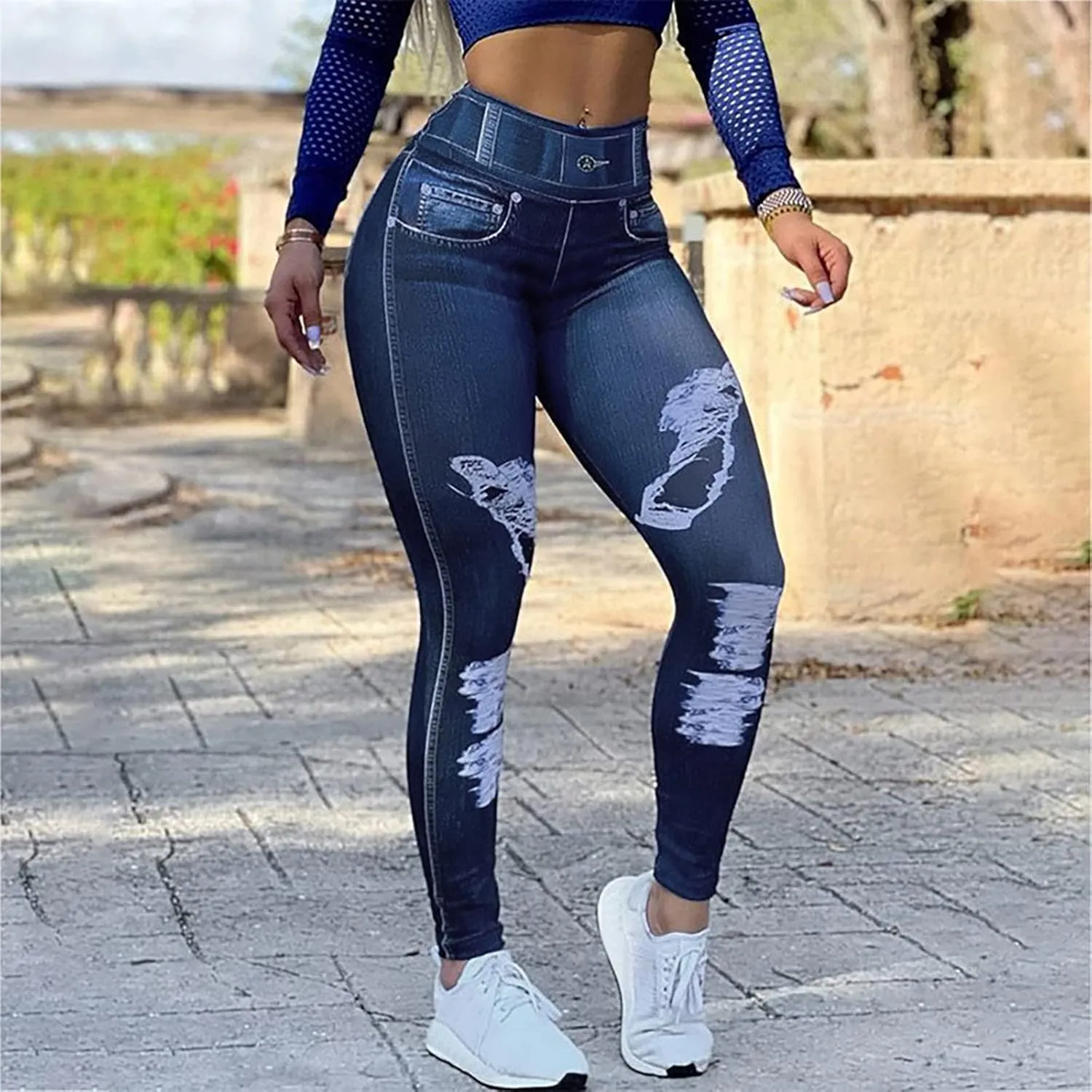 Women's Denim Print Fake Jeans Seamless Full Length Leggings Yoga Pants High Waist Skinny Jeggings for All Seasons