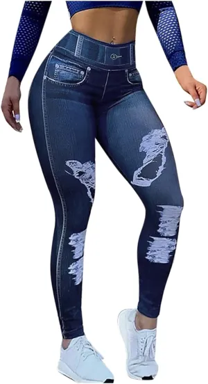 Women's Denim Print Fake Jeans Seamless Full Length Leggings Yoga Pants High Waist Skinny Jeggings for All Seasons