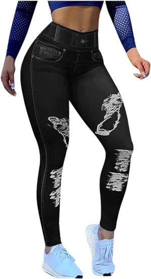 Women's Denim Print Fake Jeans Seamless Full Length Leggings Yoga Pants High Waist Skinny Jeggings for All Seasons