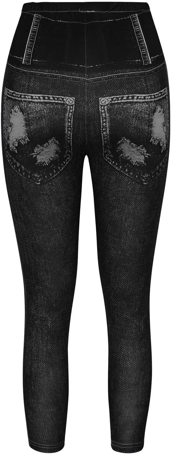 Women's Denim Print Fake Jeans Seamless Full Length Leggings Yoga Pants High Waist Skinny Jeggings for All Seasons