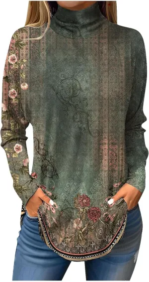 Womens Fall Tops Printing Long Sleeve Sweatshirts Turtleneck Vintage Pullover Tunic Y2k Shirt Fashion Casual Blouses