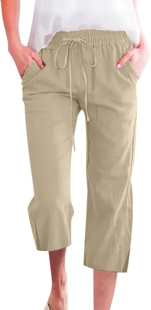 Women's Linen Capri Pants with Drawstring Beach Casual Pants Linen Lightweight Elastic Waist