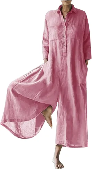 Womens Linen Jumpsuits Long Sleeve Button Up Casual Long Pant Romper Loose Fit Lapel Shirt Overall with Pockets
