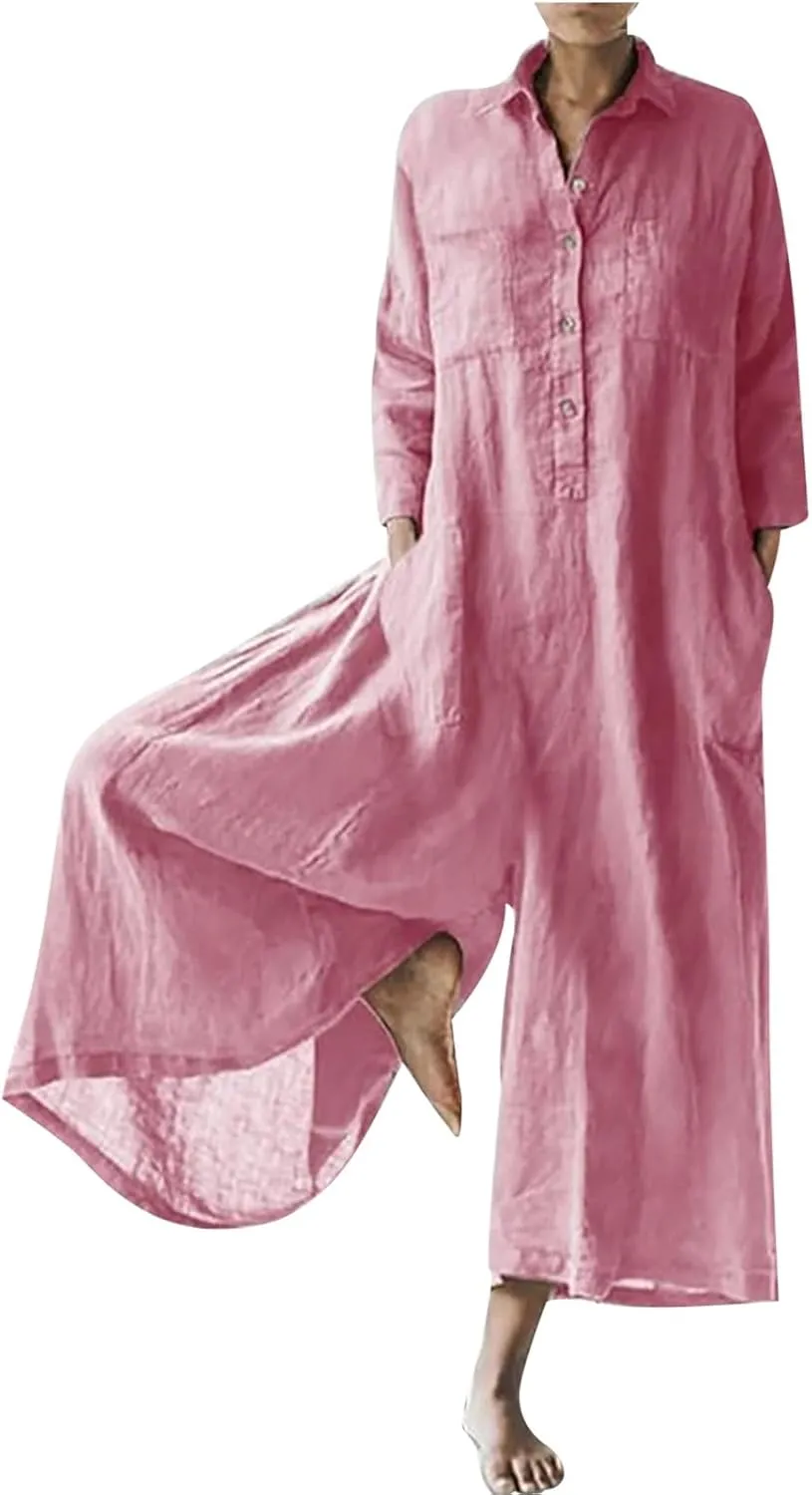 Womens Linen Jumpsuits Long Sleeve Button Up Casual Long Pant Romper Loose Fit Lapel Shirt Overall with Pockets