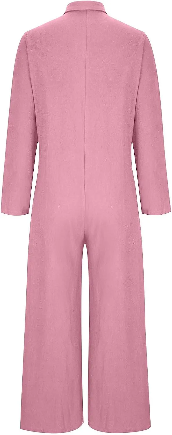 Womens Linen Jumpsuits Long Sleeve Button Up Casual Long Pant Romper Loose Fit Lapel Shirt Overall with Pockets
