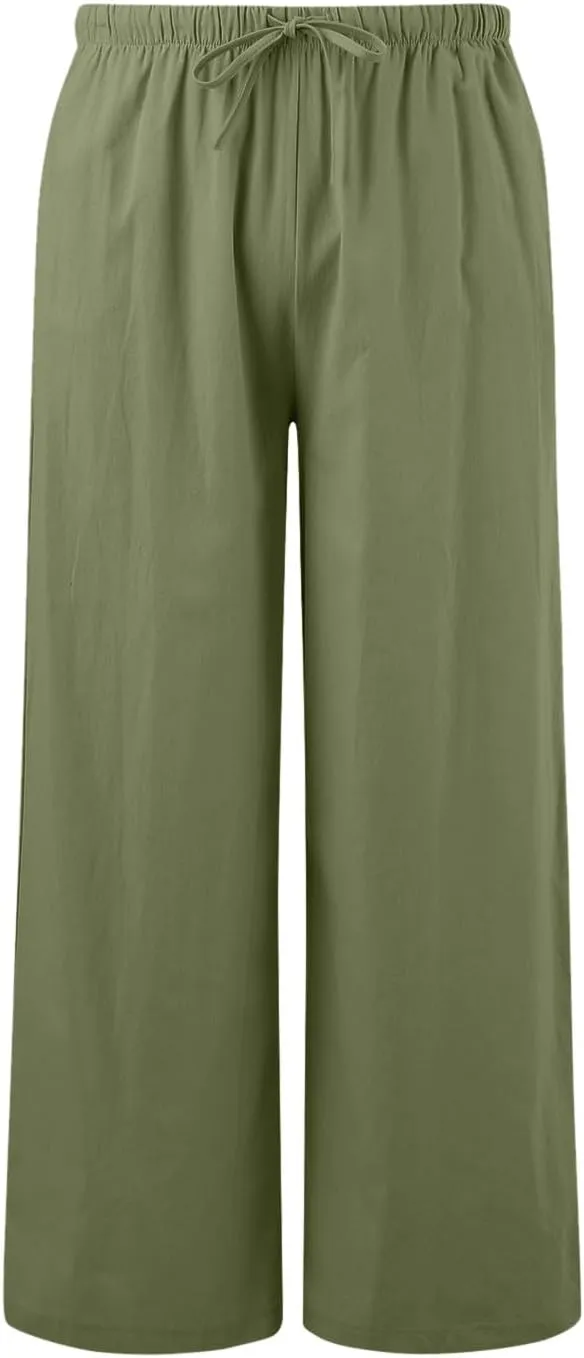 Womens Linen Palazzo Pants Flowy High Waisted Wide Leg Pants Casual Summer Loose Comfy Beach Pant Lightweight Trousers
