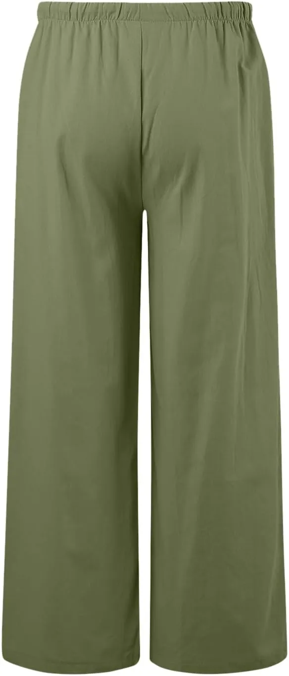 Womens Linen Palazzo Pants Flowy High Waisted Wide Leg Pants Casual Summer Loose Comfy Beach Pant Lightweight Trousers
