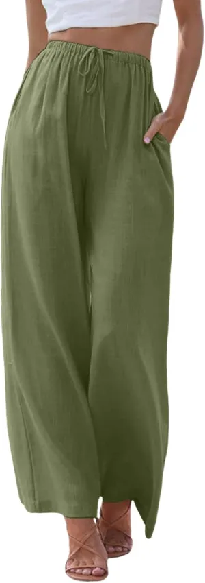Womens Linen Palazzo Pants Flowy High Waisted Wide Leg Pants Casual Summer Loose Comfy Beach Pant Lightweight Trousers