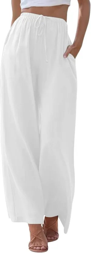 Womens Linen Palazzo Pants Flowy High Waisted Wide Leg Pants Casual Summer Loose Comfy Beach Pant Lightweight Trousers