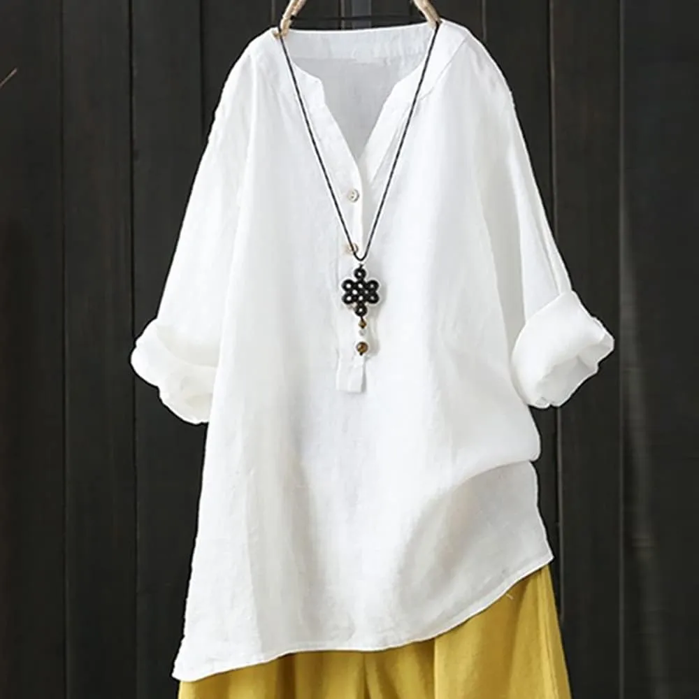 Women's Linen Shirts Summer Linen Boho Long Sleeve Tunic Tops Casual Loose Fit Trendy V Neck Blouses Top