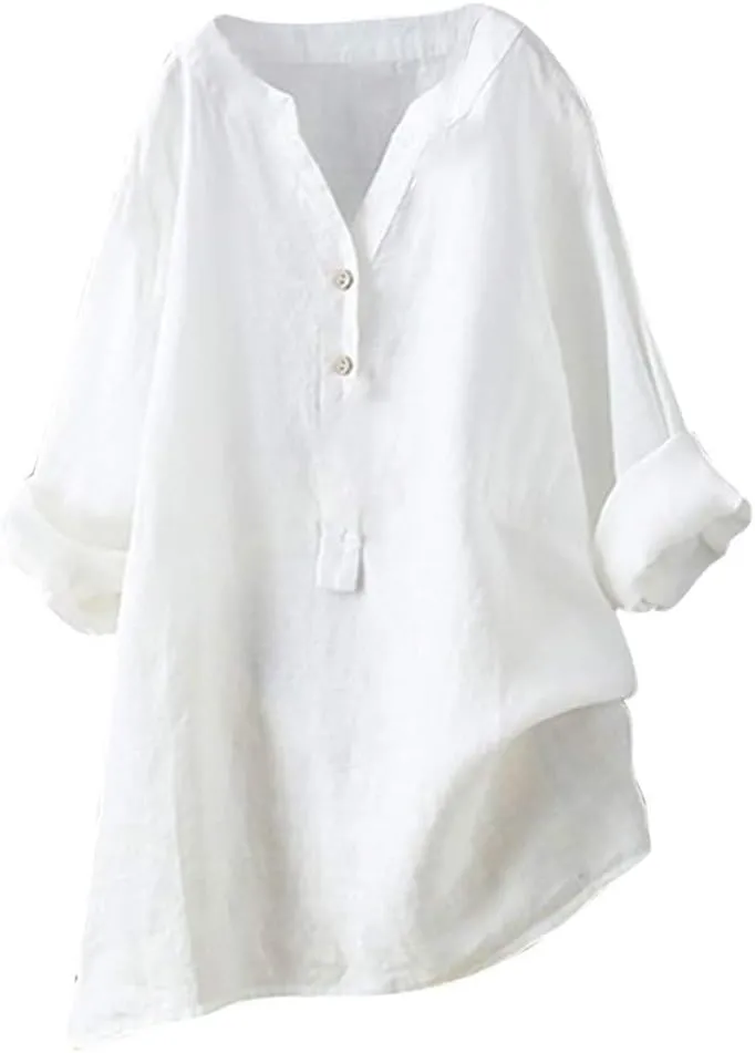 Women's Linen Shirts Summer Linen Boho Long Sleeve Tunic Tops Casual Loose Fit Trendy V Neck Blouses Top