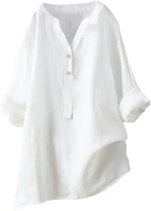 Women's Linen Shirts Summer Linen Boho Long Sleeve Tunic Tops Casual Loose Fit Trendy V Neck Blouses Top