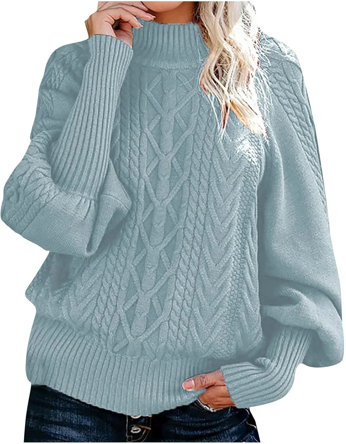 Women's Long Lantern Sleeve Turtleneck Sweater Cable Knit Pullover Casual Chunky Sweaters Fall Loose Jumper Tops