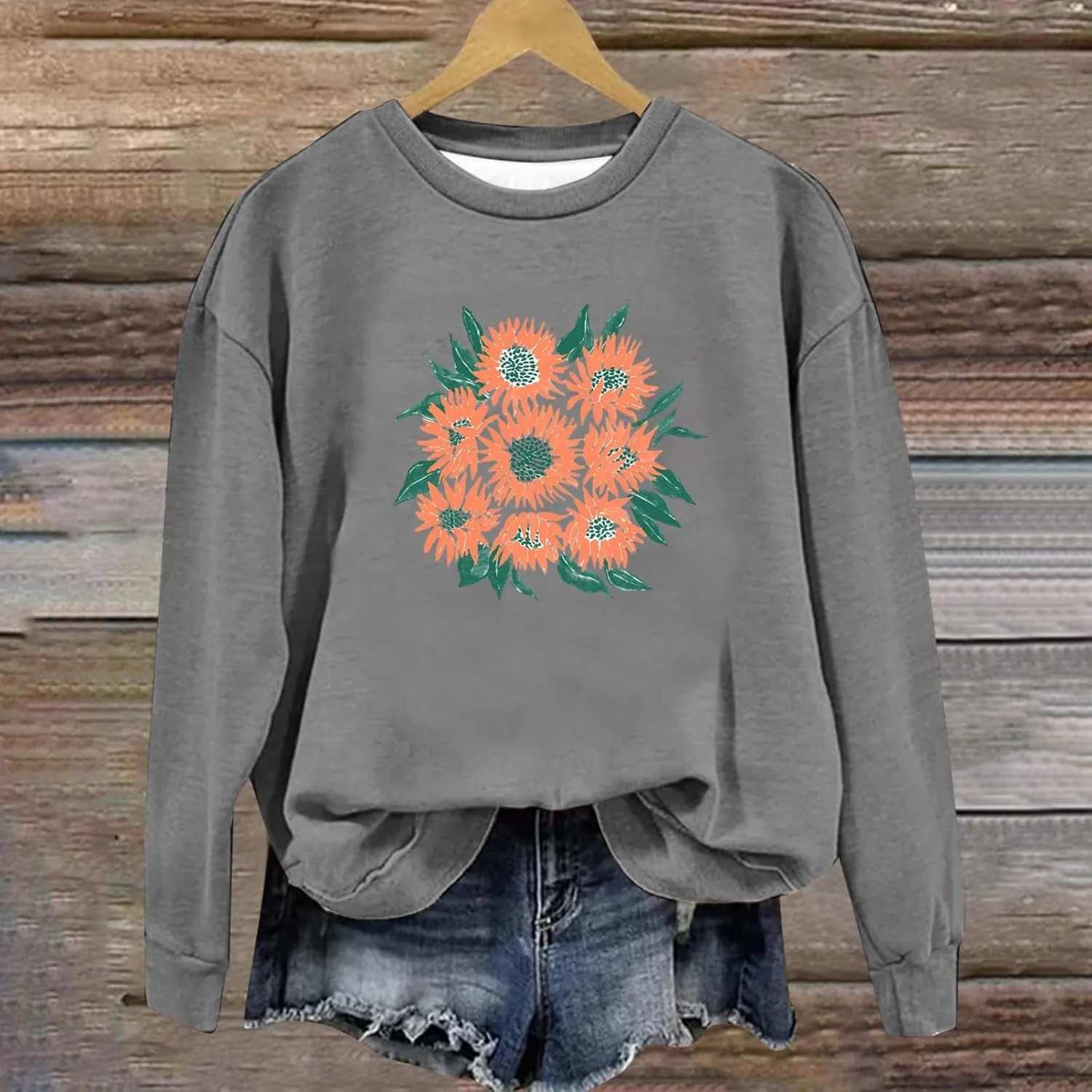 Womens Oversized Sweatshirts Crew Neck Long Sleeve Floral Print Top Casual Loose Fleece Soft Fashion Clothes 2024