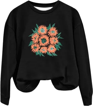 Womens Oversized Sweatshirts Crew Neck Long Sleeve Floral Print Top Casual Loose Fleece Soft Fashion Clothes 2024