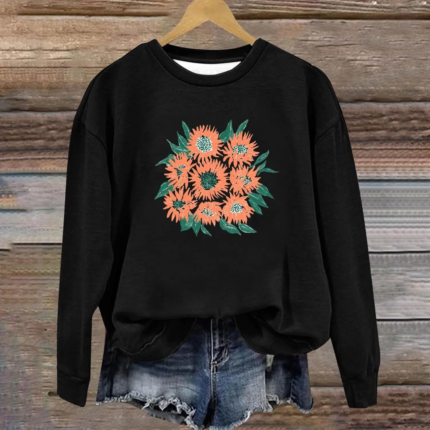Womens Oversized Sweatshirts Crew Neck Long Sleeve Floral Print Top Casual Loose Fleece Soft Fashion Clothes 2024