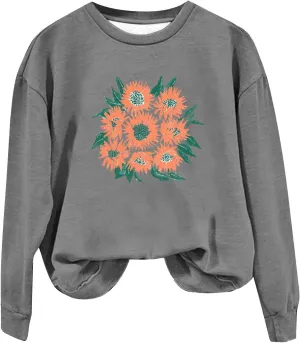 Womens Oversized Sweatshirts Crew Neck Long Sleeve Floral Print Top Casual Loose Fleece Soft Fashion Clothes 2024