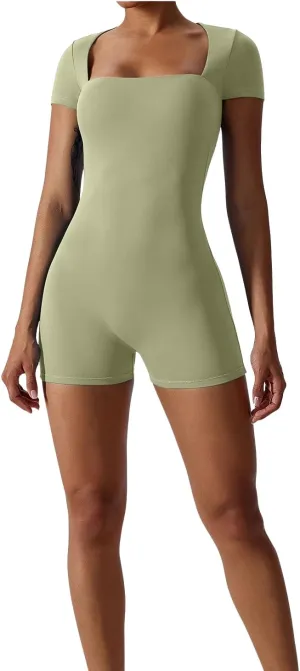 Womens Seamless Jumpsuit - One Piece Playsuit Romper, Square Neck, Bodysuit Yoga Shorts