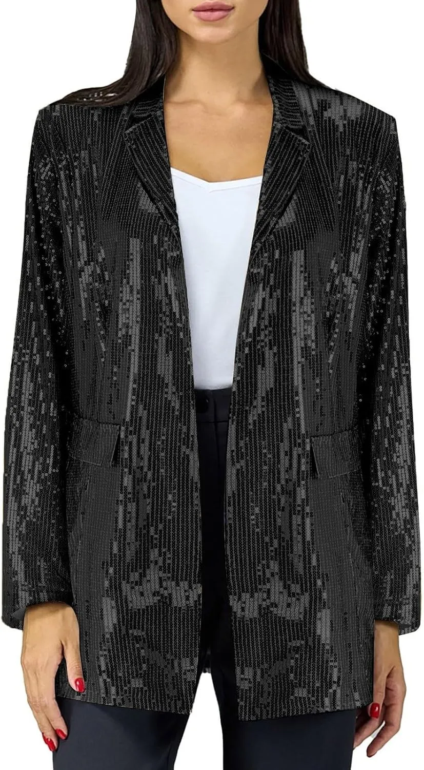 Women's Sequin Blazer Jacket Loose Long Sleeve with Pocket Outwear Glitter Party Shiny Lapel Coat Casual Rave Outfits Women's Trench Coats Oversized Sweatshirt Black XX-Large