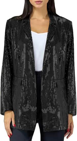 Women's Sequin Blazer Jacket Loose Long Sleeve with Pocket Outwear Glitter Party Shiny Lapel Coat Casual Rave Outfits Women's Trench Coats Oversized Sweatshirt Black XX-Large