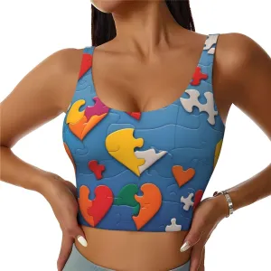 Women's Sports Bra Elastic Sports Vest Yoga Tank Top Tops Shirts Quick Dry Fabric Autism Awareness Puzzle Pieces Heart Pattern Large
