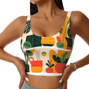 Women's Sports Bra Elastic Sports Vest Yoga Tank Top Tops Shirts Quick Dry Fabric Cartoon potted turtle back bamboo Pattern Large
