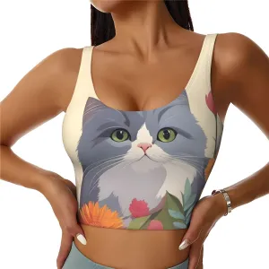 Women's Sports Bra Elastic Sports Vest Yoga Tank Top Tops Shirts Quick Dry Fabric Funny Cats Birds and Flowers Pattern Large