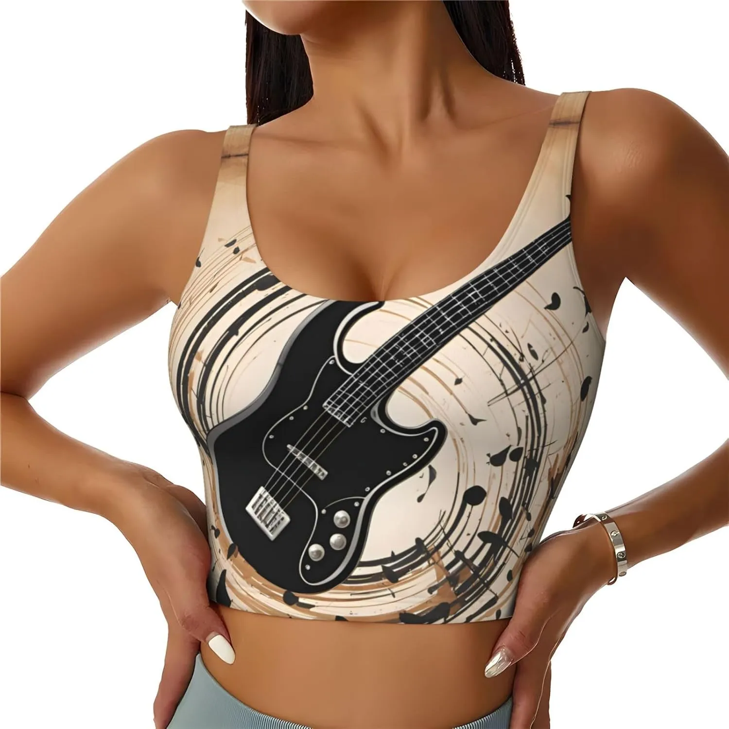 Women's Sports Bra Elastic Sports Vest Yoga Tank Top Tops Shirts Quick Dry Fabric Guitar Bass Musical Instruments Pattern XX-Large