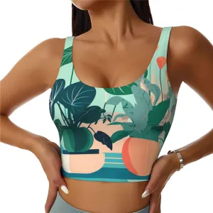 Women's Sports Bra Elastic Sports Vest Yoga Tank Top Tops Shirts Quick Dry Fabric Indoor cartoon potted green plants Pattern Medium