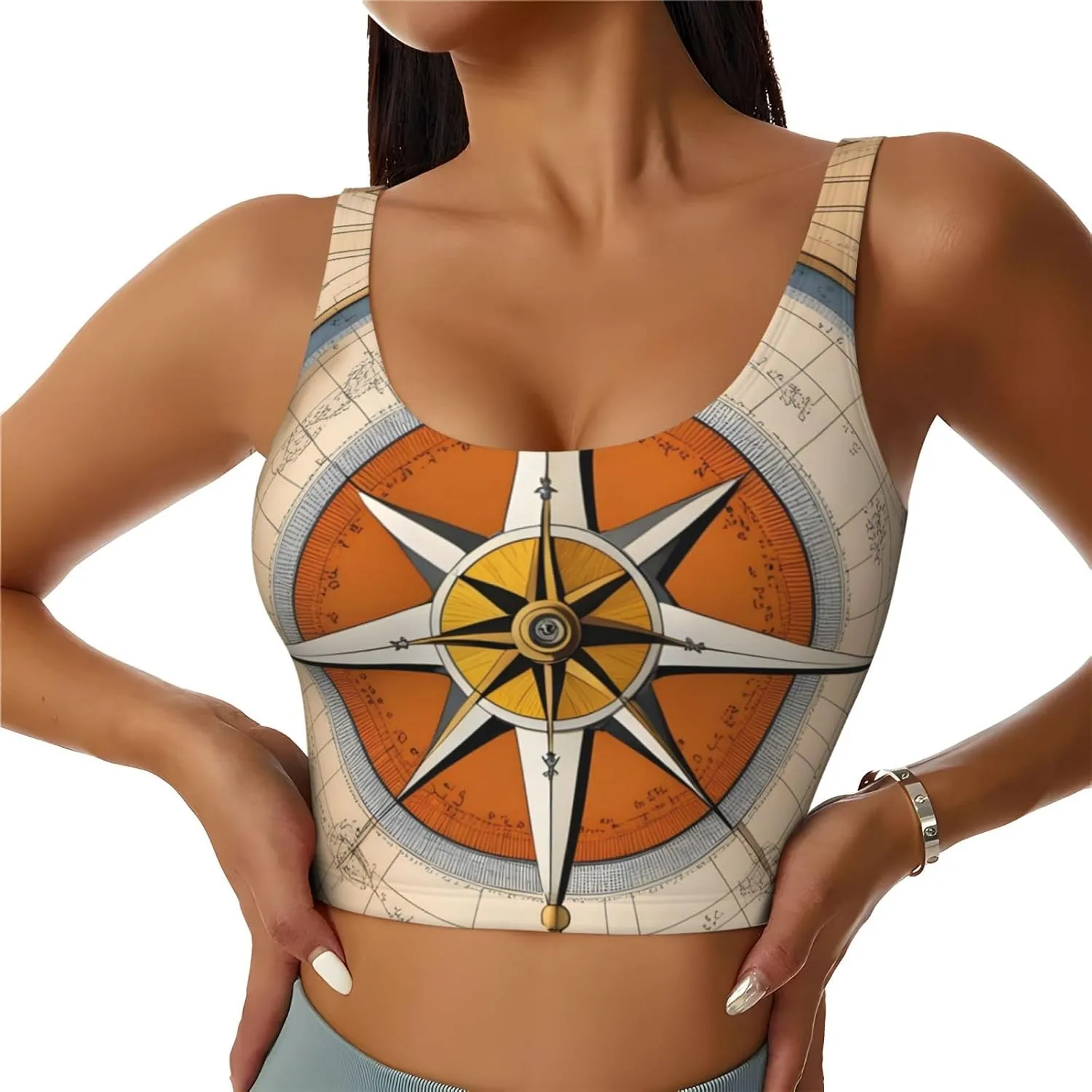 Women's Sports Bra Elastic Sports Vest Yoga Tank Top Tops Shirts Quick Dry Fabric Law of the Compass Navigation Pattern Medium