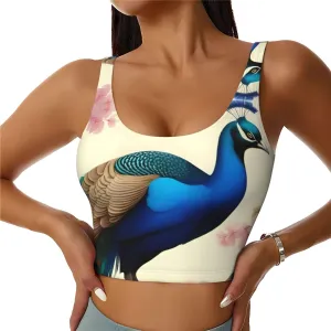 Women's Sports Bra Elastic Sports Vest Yoga Tank Top Tops Shirts Quick Dry Fabric Oriental Peacock on Flower Tree Pattern X-Large
